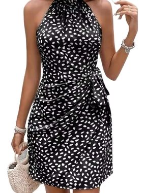 Classic Black Halter Polka-Dot Wrap Dress (New)